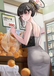 Rule 34 | 1girl, alternate hairstyle, ass, bag, black hair, blue archive, blush, breasts, dongtan dress, dress, food, fruit, grey dress, hair ornament, hairpin, halo, highres, impossible clothes, impossible dress, indoors, kama (kama ovo), korean text, large breasts, long hair, mandarin orange, meme attire, plastic bag, red eyes, rio (blue archive), short hair, shoulder bag, solo, taut clothes, taut dress