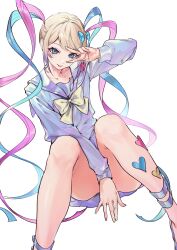 Rule 34 | 1girl, absurdres, between legs, blonde hair, blue bow, blue eyes, blue hair, blue nails, blue shirt, blue skirt, bow, chouzetsusaikawa tenshi-chan, closed mouth, hair bow, hand between legs, highres, holographic clothing, ichinee924, long hair, long sleeves, looking at viewer, multicolored hair, multicolored nails, multiple hair bows, nail polish, needy girl overdose, pink bow, pink hair, pink nails, pleated skirt, quad tails, sailor collar, school uniform, serafuku, shirt, simple background, sitting, skirt, smile, solo, tongue, tongue out, twintails, v over eye, very long hair, white background, yellow bow, yellow nails