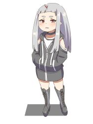 Rule 34 | 1girl, bare shoulders, black choker, boots, choker, clothing cutout, commentary request, cross-laced footwear, drawstring, full body, grey footwear, grey hair, grey jacket, hands in pockets, highres, horns, jacket, kuro kosyou, lace-up boots, long hair, long sleeves, looking at viewer, oni, original, parted lips, red eyes, shadow, shirt, short eyebrows, shoulder cutout, simple background, single horn, solo, standing, thick eyebrows, white background, white shirt