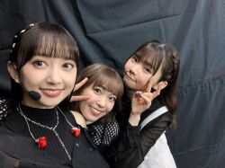 Rule 34 | 3girls, black background, costume, komiya arisa, looking at viewer, multiple girls, photo (medium), saito shuka, standing, suwa nanaka, voice actor