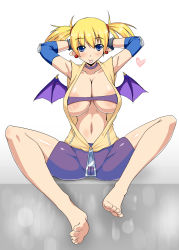 Rule 34 | 1girl, :p, aq interactive, arcana heart, armpits, arms behind head, arms up, atlus, barefoot, blonde hair, blue eyes, blush, breasts, cameltoe, choker, cleft of venus, collarbone, demon girl, examu, feet, female focus, full body, gradient background, heart, highres, large breasts, lilica felchenerow, navel, open clothes, pointy ears, sitting, smile, solo, toenails, toes, tomatto (@ma!), tongue, tongue out, twintails, white background, wings