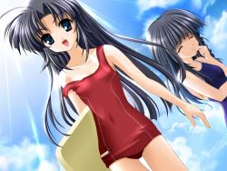 Rule 34 | 2girls, alternate color school swimsuit, beach, cloud, competition school swimsuit, day, game cg, multiple girls, old school swimsuit, one-piece swimsuit, outdoors, red sukumizu, red one-piece swimsuit, school swimsuit, sky, sukumizu ~fecchi ni narumon!~, swimsuit