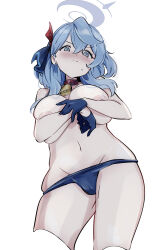 Rule 34 | 1girl, absurdres, ako (blue archive), bell, blue archive, blue hair, blue halo, blue panties, blue ribbon, blush, breasts, closed mouth, cowbell, hair between eyes, hair ribbon, halo, highres, large breasts, looking at viewer, neck bell, nipples, ocha (popopogg), panties, ribbon, simple background, solo, topless, underwear, white background