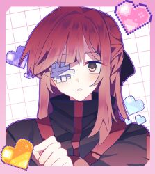 Rule 34 | 1girl, 9sn6m, bandage on face, bandage over one eye, bandages, bandaid, bandaid on face, black sweater, border, gauze, gauze on face, gauze over eye, grey eyes, heart, highres, limbus company, multicolored eyes, pink border, pixel heart, project moon, red eyes, solo, sweater, upper body, yuri (project moon)