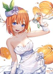 Rule 34 | 1girl, artist name, bare shoulders, blue eyes, blush, breasts, bride, can, cleavage, collarbone, dated, dress, food, fruit, go-toubun no hanayome, highres, holding, holding can, juice, large breasts, looking at viewer, nakano yotsuba, open mouth, orange (fruit), piyo (pixiv 2308057), short hair, simple background, solo, teeth, wedding dress, white background, white dress, white headwear