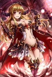 Rule 34 | 10s, 1girl, armor, bare shoulders, bikini armor, blonde hair, boots, breasts, cape, chain chronicle, cleavage, demon girl, demon horns, elbow gloves, fantasy, gauntlets, gloves, horns, large breasts, looking at viewer, navel, original, red eyes, showgirl skirt, solo, sumapan, thigh boots, thighhighs