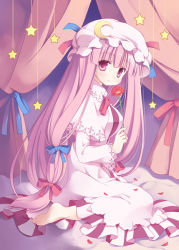 Rule 34 | 1girl, bad id, bad pixiv id, barefoot, crescent, curtains, dress, female focus, flower, hat, holding, holding flower, long hair, looking at viewer, mizuse kiseki, patchouli knowledge, purple eyes, purple hair, sitting, solo, star (symbol), striped, touhou