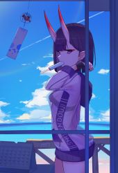 Rule 34 | 1girl, bob cut, breasts, character name, clothes writing, eyeliner, fate/grand order, fate (series), food, highres, horns, long sleeves, looking at viewer, makeup, oni, pointy ears, purple eyes, purple hair, sawarineko, see-through, short hair, shuten douji (fate), skin-covered horns, small breasts, solo