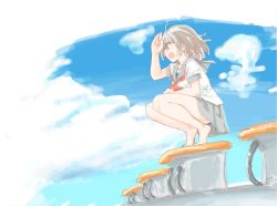 Rule 34 | 10s, 1girl, :d, ahoge, bare legs, barefoot, cloud, cloudy sky, day, diving block, grey hair, hiragana nimoji, love live!, love live! sunshine!!, neckerchief, open mouth, salute, school uniform, serafuku, short hair, short sleeves, skirt, sky, smile, solo, squatting, swimsuit, swimsuit under clothes, watanabe you