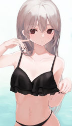 Rule 34 | 1girl, absurdres, bare arms, bare shoulders, bikini, black bikini, black nails, closed mouth, collarbone, commentary request, grey hair, hair between eyes, hands up, highres, long hair, looking at viewer, nail polish, navel, ogami ren, original, solo, swimsuit, very long hair