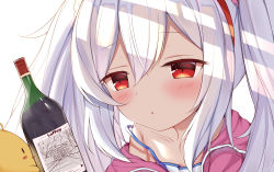 Rule 34 | 1girl, azur lane, bird, blush, bottle, character name, chick, collarbone, commentary request, hair between eyes, hairband, highres, irokari, jacket, laffey (azur lane), long hair, looking at another, manjuu (azur lane), parted lips, red eyes, shade, sidelocks, simple background, twintails, white background, white hair, wine bottle