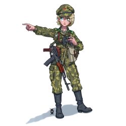 Rule 34 | 1girl, ak-74, aks-74, aqua eyes, artist logo, assault rifle, belt buckle, belt pouch, binoculars, black footwear, blonde hair, boots, buckle, camouflage, camouflage headwear, camouflage jacket, camouflage pants, cargo pants, censored, collar tabs, collared shirt, commentary, english commentary, epaulettes, eyes visible through hair, folding stock, full body, green hat, green jacket, green pants, gun, gun sling, hammer and sickle, hat, hat ornament, highres, holding, holding binoculars, index finger raised, jacket, kalashnikov rifle, kgb, long sleeves, looking to the side, military, military hat, military uniform, original, ostwindprojekt, pants, parted lips, patch, pocket, pointing, pointing to the side, pointless censoring, pouch, red star, rifle, russian text, shadow, shirt, short hair, signature, simple background, soldier, solo, soviet, soviet border troops, standing, star (symbol), star hat ornament, translated, uniform, weapon, white background, white shirt