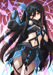 Rule 34 | 1girl, bandaged leg, bandages, bare shoulders, black hair, black scarf, black skirt, blue hairband, blue ribbon, blush, breasts, cleavage, closed mouth, clothing cutout, commentary request, eyes visible through hair, finger to cheek, hair between eyes, hair ribbon, hairband, hand up, head tilt, highres, index finger raised, long hair, long sleeves, looking at viewer, mahcdai, navel, original, red eyes, revealing clothes, ribbon, scarf, shoulder cutout, shrug (clothing), side ponytail, sidelocks, skirt, sleeves past fingers, sleeves past wrists, small breasts, smile, solo, standing, standing on one leg, straight hair, very long hair