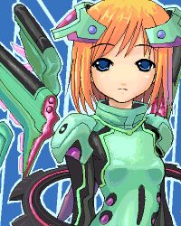 1girl archived_source blonde_hair blue_background blue_eyes breasts closed_mouth frown headgear iska jaggy_lines lowres mecha_musume mechanical_wings original short_hair small_breasts solo split_mouth wings