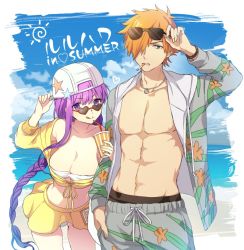 Rule 34 | 1boy, 1girl, backwards hat, bad id, bad twitter id, bare shoulders, baseball cap, bb (fate), bb (fate) (all), bb (swimsuit mooncancer) (fate), bb (swimsuit mooncancer) (first ascension) (fate), beach, bikini, black male underwear, blush, breasts, cigarette, cleavage, closed mouth, collarbone, cup, day, drawstring, drinking straw, fate/extra, fate/grand order, fate (series), floral print, green eyes, grey male swimwear, grey shirt, grey swim trunks, hair over one eye, hat, hat ornament, hawaiian shirt, heart, heart-shaped eyewear, jacket, jewelry, large breasts, licking lips, long hair, long sleeves, looking at viewer, looking over eyewear, looking over glasses, male swimwear, male underwear, male underwear peek, navel, necklace, off shoulder, open clothes, open shirt, orange hair, print male swimwear, print swim trunks, print swimsuit, purple eyes, purple hair, robin hood (fate), robin hood (summer hunter) (fate), shirt, short hair, skirt, smile, smoking, spiked hair, star (symbol), star hat ornament, sunglasses, swim trunks, swimsuit, thighs, tinted eyewear, tongue, tongue out, underwear, very long hair, vivi (eve no hakoniwa), white bikini, yellow jacket, yellow skirt
