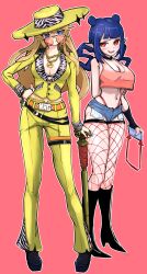 Rule 34 | 2girls, absurdres, alternate costume, bag, belt, black footwear, blue eyes, blue hair, boots, breasts, cane, chain, cleavage, commentary, contrapposto, denim, denim shorts, dizzy dokuro, eight tyan, english commentary, english text, fallout (series), fallout new vegas, fishnet thighhighs, fishnets, formal, full body, gold chain, hand on own hip, handbag, head tilt, high heel boots, high heels, highres, holding, holding bag, holding cane, implied prostitution, jewelry, jitome, kaneko lumi, large breasts, long hair, long legs, micro shorts, multiple girls, navel, navel piercing, open mouth, pants, phase connect, piercing, pimp, pink background, platform footwear, pointy ears, raised eyebrow, red eyes, ring, round eyewear, shorts, simple background, smile, smirk, smug, standing, suit, thigh strap, thighhighs, thighs, virtual youtuber, yellow pants, yellow suit