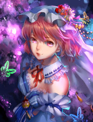 Rule 34 | 1girl, adapted costume, arm garter, breasts, bug, butterfly, cleavage, daisy, detached collar, detached sleeves, di tao, eyelashes, female focus, flower, hair blowing, hat, hat flower, highres, holding, bug, japanese clothes, kimono, light particles, light smile, lips, looking at viewer, mob cap, night, outdoors, pink eyes, pink hair, rattle, red ribbon, ribbon, saigyouji yuyuko, short hair, solo, touhou, wind
