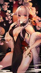 Rule 34 | 1girl, absurdres, bare shoulders, black dress, blush, breasts, center opening, cherry blossoms, cleavage, closed mouth, cowboy shot, dress, flower, fur, hair flower, hair intakes, hair ornament, halter dress, halterneck, hand on own hip, hand up, highres, long hair, looking at viewer, medium breasts, night, no bra, no panties, original, outdoors, pelvic curtain, petals, red eyes, red flower, red rose, rose, shiro kanae, sidelocks, silver hair, sleeveless, sleeveless dress, solo, standing, thighs