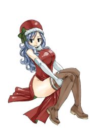 Rule 34 | 1girl, boots, breasts, breasts out, curly hair, curvy, dress, elbow gloves, fairy tail, female focus, full body, gloves, hat, hip focus, huge breasts, juvia lockser, large breasts, legs, long hair, mashima hiro, pelvic curtain, santa costume, santa hat, simple background, sitting, solo, thick thighs, thigh boots, thighhighs, thighs, white background, wide hips