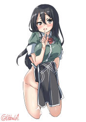 Rule 34 | 10s, 1girl, black eyes, black hair, blush, bow, bowtie, breasts, chikuma (kancolle), clothes lift, commentary request, cowboy shot, cropped legs, ebifurya, finger to mouth, groin, hair between eyes, hand up, highres, kantai collection, large breasts, legs apart, lifted by self, long hair, looking at viewer, no panties, open mouth, pelvic curtain, red bow, red bowtie, short sleeves, side slit, sidelocks, simple background, solo, standing, suggestive fluid, twitter username, white background