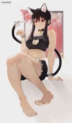 Rule 34 | 1girl, absurdres, alternate costume, animal ears, bare legs, barefoot, bell, black choker, black hair, black shorts, blurry, blurry background, blush, bow, braid, breasts, cat cutout, cat ears, cat lingerie, cat tail, character name, choker, cleavage, cleavage cutout, closed mouth, clothing cutout, commentary, dorsiflexion, eyelashes, fake animal ears, fake tail, full body, grey background, hair between eyes, highres, knees together feet apart, looking at viewer, lufi ays, medium breasts, meme attire, neck bell, paw pose, paw print, red eyes, short hair with long locks, short shorts, shorts, sidelocks, simple background, sitting, smile, solo, spy x family, stomach, strapless, tail, tail bow, tail ornament, toes, tube top, white bow, wrist cuffs, yor briar