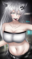 Rule 34 | 1girl, animal ears, arknights, faihara, highres, lappland (arknights), midriff, one eye closed, strapless, tongue, tongue out, tube top, white hair, wolf ears