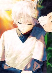 Rule 34 | 2boys, black shirt, closed eyes, closed mouth, commentary request, gon freecss, green hair, green jacket, heads together, highres, hunter x hunter, jacket, kikku1128, killua zoldyck, layered sleeves, long sleeves, male focus, multiple boys, shirt, short hair, short over long sleeves, short sleeves, sleeping, sleeping on person, sunlight, upper body, white hair, white shirt