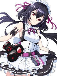 Rule 34 | 1girl, armpits, bare shoulders, black gloves, breasts, buckle, clothes lift, counter:side, gas mask, gloves, hair between eyes, highres, lily (counter:side), long hair, looking at viewer, maid, maid headdress, mask, red eyes, sekkno, skirt, skirt lift, small breasts, snap-fit buckle, solo, sweat, white background