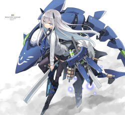 Rule 34 | 1girl, arched back, black footwear, black shorts, boots, bottle, character name, crossed bangs, from side, full body, grey hair, highres, holding, holding sword, holding weapon, long hair, long sleeves, looking at viewer, mecha musume, non-humanoid robot, original, poco (asahi age), robot, robot animal, robot fish, short shorts, shorts, solo, sword, thighhighs, water bottle, weapon, white background