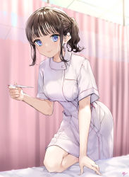 Rule 34 | 1girl, absurdres, bed sheet, blue eyes, blunt bangs, blush, closed mouth, commentary request, curtains, digital thermometer, dress, highres, holding, holding thermometer, indoors, leaning forward, leg up, looking at viewer, nurse, original, pink lips, short hair, short ponytail, short sleeves, sidelocks, signature, smile, solo, takenoko no you, thermometer, white dress
