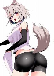 Rule 34 | 1girl, amisu, animal ear fluff, animal ears, ass, ass focus, black pants, breasts, commentary request, cowboy shot, elbow gloves, fingerless gloves, from behind, from below, gloves, grey hair, hat, inubashiri momiji, large breasts, looking at viewer, maroon eyes, midriff, one-hour drawing challenge, open mouth, pants, pom pom (clothes), see-through, shirt, short hair, short shorts, shorts, simple background, sleeveless, sleeveless shirt, solo, standing, tail, tokin hat, tongue, touhou, turtleneck, twisted torso, white background, white shirt, wolf ears, wolf tail