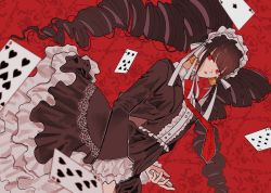 Rule 34 | 1girl, :o, alternate color, bonnet, brown hair, brown jacket, brown skirt, card, celestia ludenberg, danganronpa: trigger happy havoc, danganronpa (series), drill hair, earrings, frills, gothic lolita, highres, holding, jacket, jewelry, layered skirt, lolita fashion, long hair, long sleeves, looking at viewer, necktie, okonomiyakiyyy1, open mouth, playing card, print necktie, red background, red eyes, red necktie, skirt, solo, twin drills, twintails