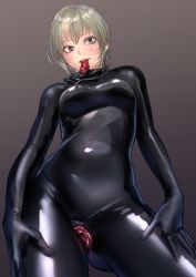 Rule 34 | 1girl, blonde hair, blush, bodysuit, condom, contrapposto, from below, gluteal fold, gradient background, grey eyes, hair between eyes, highres, kilye kairi, latex, latex bodysuit, looking down, mouth hold, navel, original, pussy, shiny clothes, short hair, skin tight, smile, solo, used condom