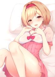 Rule 34 | 1girl, bad id, bad pixiv id, blonde hair, blush, breasts, brown eyes, djeeta (granblue fantasy), dress, fighter (granblue fantasy), granblue fantasy, hairband, highres, looking at viewer, medium breasts, open mouth, pink dress, pink hairband, puffy short sleeves, puffy sleeves, ranju aira, short hair, short sleeves, smile, solo