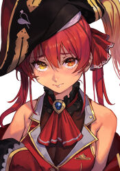 Rule 34 | 1girl, bare shoulders, bicorne, blush, breasts, closed mouth, coat, frills, hair ribbon, hat, heterochromia, hololive, houshou marine, houshou marine (1st costume), hungry clicker, large breasts, long hair, looking at viewer, pirate hat, red eyes, red hair, ribbon, simple background, solo, tearing up, tears, twintails, two-sided coat, two-sided fabric, upper body, virtual youtuber, white background, yellow eyes