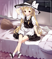 Rule 34 | 1girl, arm behind head, bad id, bad pixiv id, bamboo broom, bed, blonde hair, book, border, braid, broom, brown eyes, buttons, crossed legs, dress, female focus, hair ribbon, hat, kirisame marisa, open book, parody, ribbon, shoes, sitting, smile, socks, solo, star (symbol), style parody, subachi, touhou, window, witch, witch hat