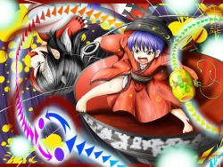 Rule 34 | 2girls, arrow (symbol), bare legs, barefoot, blue hair, bowl, crescent, dated, dress, fang, grey horns, highres, horns, japanese clothes, kijin seija, kimono, layered dress, leaf, legs apart, letterboxed, light particles, long tongue, looking away, mallet, maple leaf, mini person, minigirl, miracle mallet, mubii, multicolored background, multicolored hair, multiple girls, needle, obi, open mouth, outstretched arms, red eyes, sash, short hair, shouting, sideways glance, signature, striped horns, sukuna shinmyoumaru, tears, tongue, tongue out, touhou, upside-down