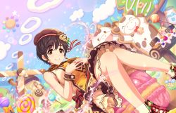 Rule 34 | 10s, 1girl, ankle boots, artist request, bare shoulders, beret, blush, boots, bow, breasts, brown eyes, brown hair, candy, closed mouth, cow, dress, earrings, food, frills, hands on own chest, hat, heart, huge breasts, idolmaster, idolmaster cinderella girls, idolmaster cinderella girls starlight stage, indoors, jewelry, looking at viewer, macaron, milk, official art, oikawa shizuku, patissier, ribbon, short hair, sitting, sleeveless, sleeveless dress, smile, solo, sweets, windmill, wrist cuffs