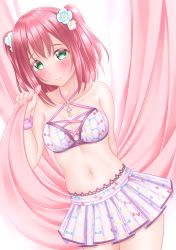 Rule 34 | 1girl, arm behind back, bare shoulders, bikini, bikini skirt, blush, bow print, breasts, cleavage, collarbone, criss-cross halter, curtain grab, curtains, flower, green eyes, hair between eyes, hair flower, hair ornament, halterneck, highres, kurosawa ruby, lino (lilyparty07), looking at viewer, love live!, love live! sunshine!!, navel, pink hair, pleated skirt, skirt, sleeveless, small breasts, smile, solo, swimsuit, twintails, wristband