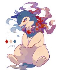 Rule 34 | auko, closed mouth, color guide, creatures (company), fire, game freak, highres, hisuian typhlosion, nintendo, no humans, pokemon, pokemon (creature), purple fire, red eyes, simple background, sitting, white background