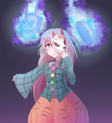 Rule 34 | 1girl, absurdres, ahoge, aura, bacun, black background, blue shirt, breasts, bubble skirt, buttons, collared shirt, cowboy shot, floating, floating object, fox mask, frown, glowing, gradient background, hata no kokoro, highres, long hair, long sleeves, mask, one eye covered, oni mask, open mouth, orange skirt, outstretched arm, pink eyes, pink hair, plaid, plaid shirt, purple background, purple neckwear, removing mask, shirt, signature, skirt, small breasts, solo, touhou, wide sleeves