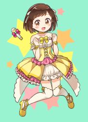 Rule 34 | 1girl, :d, ankle strap, bang dream!, bare shoulders, bd ayknn, blush, bow, bowtie, brown eyes, brown hair, choker, clenched hands, collarbone, detached sleeves, dress, frilled dress, frills, full body, green background, hair ribbon, hands up, hazawa tsugumi, highres, knees together feet apart, looking at viewer, microphone, open mouth, over-kneehighs, overskirt, pastel palettes (bang dream!), ribbon, shoes, short hair, smile, solo, star (symbol), starry background, thighhighs, white ribbon, white thighhighs, wrist ribbon, yellow bow, yellow bowtie, yellow choker, yellow dress, yellow footwear, yellow ribbon