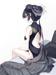 Rule 34 | 1girl, absurdres, bare legs, black dress, black hair, blue archive, commentary, double bun, dragon print, dress, drooling, from behind, grey eyes, grey hair, grey jacket, hair bun, highres, jacket, kisaki (blue archive), long hair, looking at viewer, saliva, simple background, sitting, sjm9982, sleeveless, sleeveless dress, solo, striped clothes, striped jacket, thighs, twintails, unworn jacket, vertical-striped clothes, vertical-striped jacket, white background