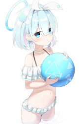 Rule 34 | 1girl, :t, absurdres, arona (blue archive), ball, bandaid, bandaid hair ornament, bare shoulders, bikini, blue archive, blue hair, bow hairband, colored inner hair, cowboy shot, frilled bikini, frills, hair ornament, hairband, halo, highres, holding, holding ball, looking at viewer, multicolored hair, navel, off-shoulder bikini, off shoulder, pink hair, pout, revision, short hair, simple background, solo, stomach, streaked hair, swimsuit, three twosix, wading, white background, white bikini, white hairband