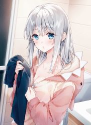 Rule 34 | 1girl, bare shoulders, blue eyes, blush, breasts, cleavage, closed mouth, collarbone, hand up, holding, holding towel, indoors, long hair, looking at viewer, original, pajamas, pink pajamas, sink, solo, standing, tadano yukiko, towel, white hair, zipper