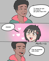 Rule 34 | 1boy, 1girl, afro, black hair, blush, brown eyes, commentary, dark-skinned male, dark skin, hair ornament, heart, highres, hood, hoodie, marvel, medium hair, miles morales, open mouth, peni parker, signature, smile, spanish commentary, spider-man: across the spider-verse, spider-man (series), spider-verse, star (symbol), star in eye, symbol in eye, thecooleralexico, translated, x hair ornament