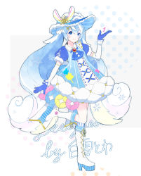 Rule 34 | 1girl, agonasubi, artist name, ascot, blue ascot, blue dress, blue eyes, blue gloves, blue hair, blue hat, blue theme, boots, borrowed design, brooch, cross-laced footwear, curly hair, dress, elbow gloves, english text, full body, gem, gloves, hair flaps, hair ornament, hairclip, hand up, hat, hatsune miku, high heel boots, high heels, jewelry, knee boots, kneehighs, lace-up boots, layered gloves, long hair, looking at viewer, multicolored hair, polka dot, polka dot background, puffy short sleeves, puffy sleeves, red gemstone, short sleeves, smile, snowflakes, socks, solo, standing, standing on one leg, streaked hair, striped, twintails, two-tone hair, vertical stripes, very long hair, vocaloid, white background, white footwear, white hair, yuki miku, yuki miku (2023) (candidate no.1)