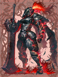 Rule 34 | 1girl, arm armor, armor, black feathers, blood, blood on clothes, breastplate, breasts, dairoku ryouhei, feathers, full armor, full body, gauntlets, helm, helmet, hetza (hellshock), holding, holding weapon, large breasts, leg armor, oversized object, plume, red background, red fire, red theme, shoulder armor, solo, sword, weapon
