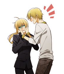 Rule 34 | 1boy, 1girl, ahoge, artoria pendragon (all), artoria pendragon (fate), bad id, bad pixiv id, black gloves, blonde hair, bracelet, casual, face squish, fate/stay night, fate/zero, fate (series), formal, gilgamesh (fate), gloves, green eyes, jewelry, kazu sanbon, long hair, necklace, official alternate costume, pant suit, pants, red eyes, saber (fate), shaded face, short hair, suit