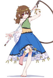 Rule 34 | 1girl, absurdres, armpits, barefoot, blue dress, blush stickers, brown eyes, brown hair, circlet, closed mouth, detached sleeves, dress, full body, green dress, highres, kame (kamepan44231), long hair, looking at viewer, monkey tail, multicolored clothes, multicolored dress, short twintails, simple background, single detached sleeve, smile, solo, son biten, standing, standing on one leg, tail, test tube, toes, touhou, twintails, white background, white sleeves, yellow dress